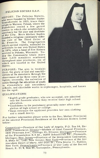 Page from a book that gives an brief history and overview of the Order of Felician Sisters. A young woman is depicted in a habit in the right corner of the page.